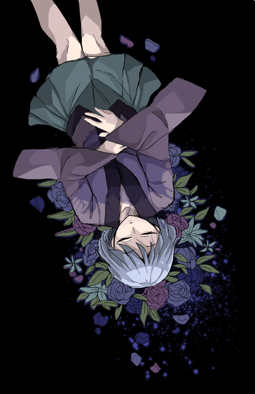 androgynous closed_eyes flower fujiwara_no_iyozane grey_hair hakama hakama_skirt headwear_removed highres japanese_clothes kajima_(0mx3265j0g93z2c) len'en short_hair solo