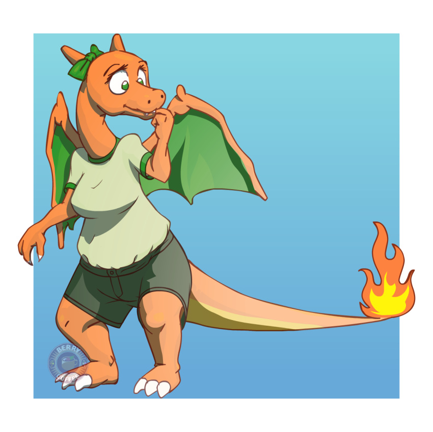 absurd_res anthro berriesandcoffee big_eyes bow breasts charizard clothing female franchesca green_eyes hi_res nintendo non-mammal_breasts pok&eacute;mon pok&eacute;mon_(species) solo video_games