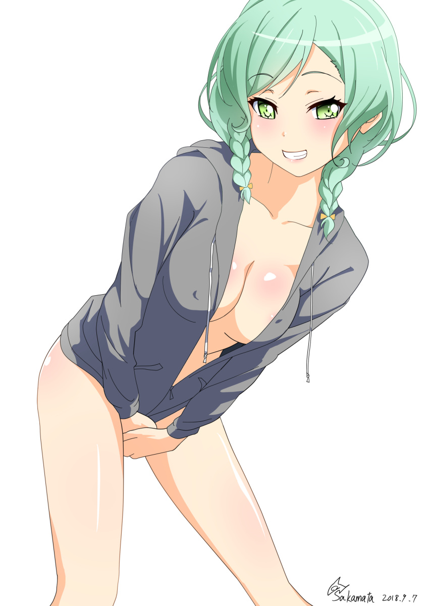 10s 1girl 2018 aqua_hair areola_slip areolae artist_name bang_dream! blush bottomless braid covering covering_crotch dated erect_nipples eyebrows_visible_through_hair green_eyes grin hikawa_hina leaning_forward looking_at_viewer medium_hair no_bra open_clothes parted_lips sakamata simple_background smile solo standing teeth twin_braids white_background