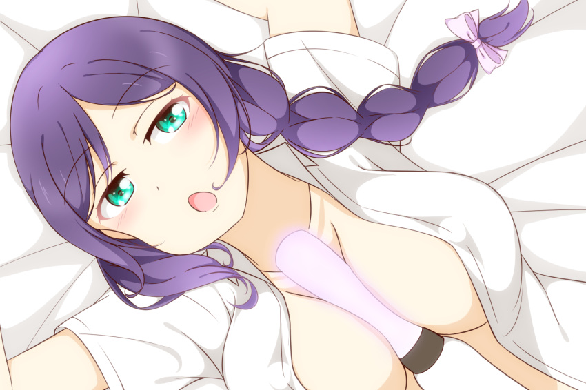 10s 1girl between_breasts blush bow braid breasts erect_nipples eyebrows_visible_through_hair feitonokesin glowstick green_eyes hair_bow large_breasts long_hair looking_at_viewer love_live! love_live!_school_idol_project lying no_bra on_back open_clothes open_mouth purple_hair solo toujou_nozomi