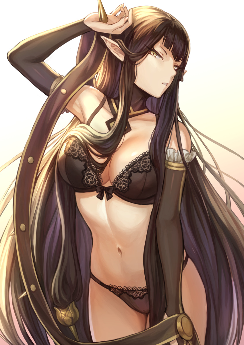 bangs bare_shoulders black_bra black_hair black_panties bow bow_bra bra breasts bridal_gauntlets choker cleavage collarbone commentary commentary_request cowboy_shot detached_sleeves elf eyebrows_visible_through_hair fate/apocrypha fate/grand_order fate_(series) gradient gradient_background hair_between_eyes highres lace lace-trimmed_thighhighs large_breasts lingerie long_hair looking_at_viewer mashu_003 navel open_mouth panties pointy_ears ribbon-trimmed_bra semiramis_(fate) signature simple_background solo thighhighs thighs twitter_username underwear underwear_only very_long_hair yellow_eyes