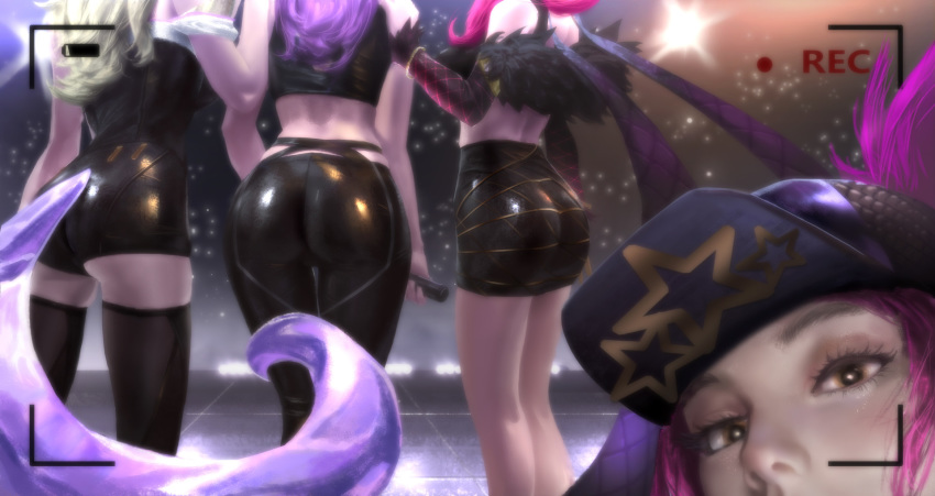 ahri akali ass ass_focus black_legwear blonde_hair bracelet evelynn from_behind fur_trim group_picture hair_over_shoulder hat high-waist_skirt highres holding idol jewelry k/da_(league_of_legends) k/da_ahri k/da_akali k/da_evelynn k/da_kai'sa kai'sa league_of_legends lejia_chan looking_at_viewer microphone miniskirt multiple_girls pants pink_hair purple_hair recording self_shot shiny shiny_clothes skin_tight skirt stage stage_lights tail thighhighs tight tight_pants viewfinder yellow_eyes