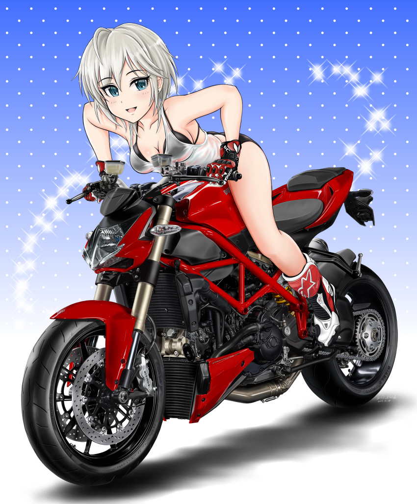 absurdres anastasia_(idolmaster) bangs bare_shoulders bikini black_bikini blue_background blue_eyes blush boots breasts cleavage commentary_request eyelashes flick_(sal23) gloves gradient gradient_background ground_vehicle highres hips idolmaster idolmaster_cinderella_girls leaning_forward legs looking_at_viewer medium_breasts motor_vehicle motorcycle open_mouth polka_dot polka_dot_background red_gloves see-through short_hair silver_hair smile solo sparkle swimsuit thighs white_tank_top