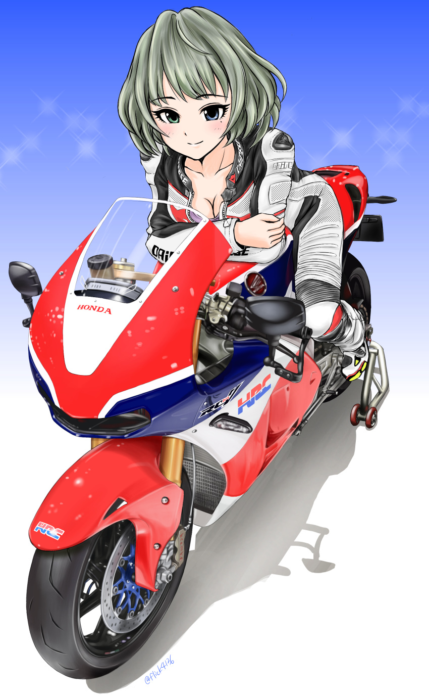 absurdres bangs biker_clothes bikesuit blue_background blue_eyes blush bodysuit breasts cleavage closed_mouth commentary_request crossed_arms flick_(sal23) green_eyes green_hair ground_vehicle heterochromia highres idolmaster idolmaster_cinderella_girls looking_at_viewer medium_breasts mole mole_under_eye motor_vehicle motorcycle short_hair smile solo takagaki_kaede white_bodysuit
