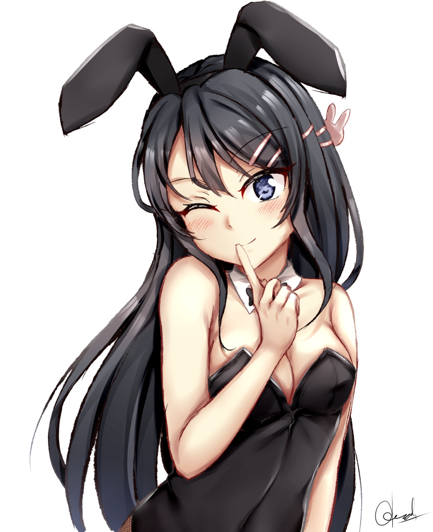 ;) animal_ears bangs bare_arms bare_shoulders black_hair black_hairband black_leotard blush breasts bunny_ears bunny_girl bunny_hair_ornament bunnysuit chrisandita cleavage closed_mouth collarbone commentary detached_collar eyebrows_visible_through_hair fake_animal_ears finger_to_mouth fishnets hair_between_eyes hair_ornament hairband hairclip hand_up head_tilt highres leotard long_hair medium_breasts one_eye_closed purple_eyes sakurajima_mai seishun_buta_yarou shushing signature simple_background smile solo strapless strapless_leotard upper_body v-shaped_eyebrows very_long_hair white_background white_collar