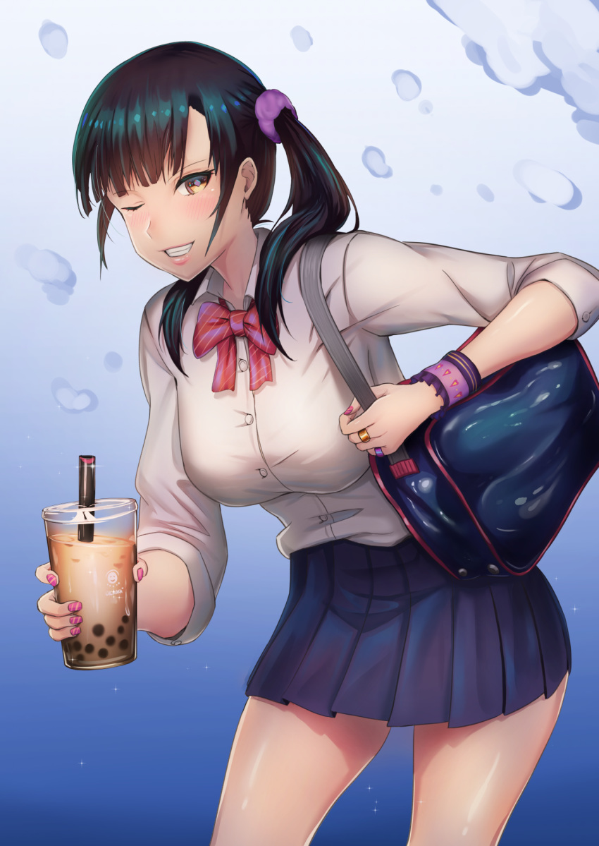 ;) bag black_hair blue_background blue_skirt bookbag bow breasts brown_eyes bubble_tea cup drinking_straw hair_ornament hair_scrunchie highres holding holding_cup jewelry lanzer large_breasts lipstick makeup milk_tea nail_polish one_eye_closed original parted_lips pink_nails pleated_skirt purple_scrunchie red_bow ring school_uniform scrunchie shirt simple_background skirt smile twintails white_shirt wristband