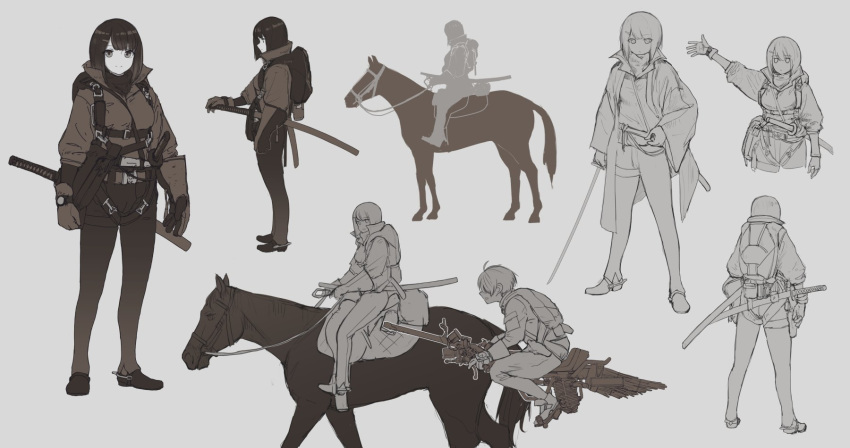 1girl broom broom_riding coat genso gloves highres horse horseback_riding katana military pants riding saddle shoes short_hair simple_background standing sword watch weapon wristwatch