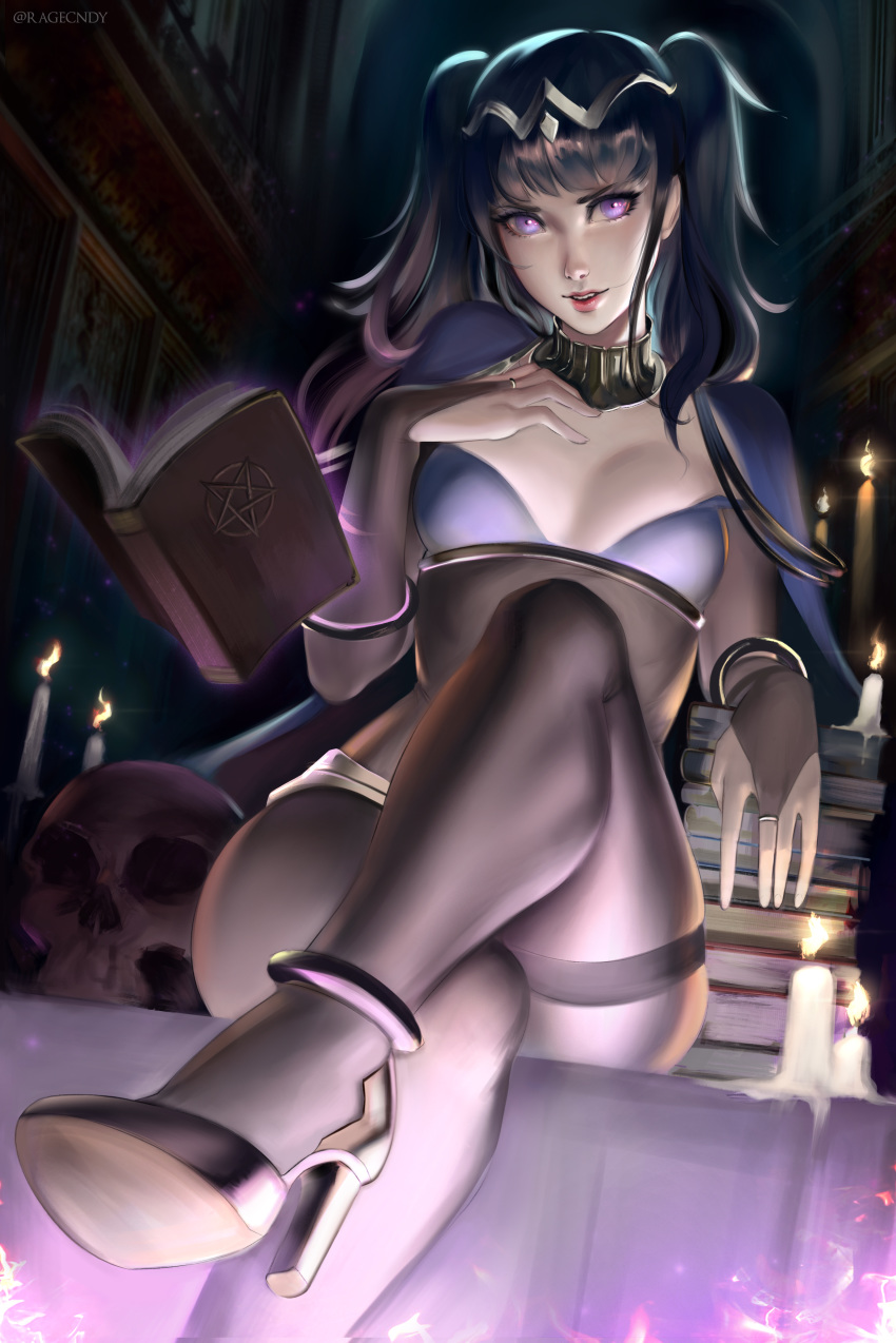 absurdres bangs black_hair blunt_bangs bodystocking bodysuit book bracelet breasts bridal_gauntlets cape circlet cleavage commentary fire_emblem fire_emblem:_kakusei fire_emblem_heroes high_heels highres jewelry looking_at_viewer magic purple_eyes ragecndy skin_tight small_breasts smile tharja tiara two_side_up