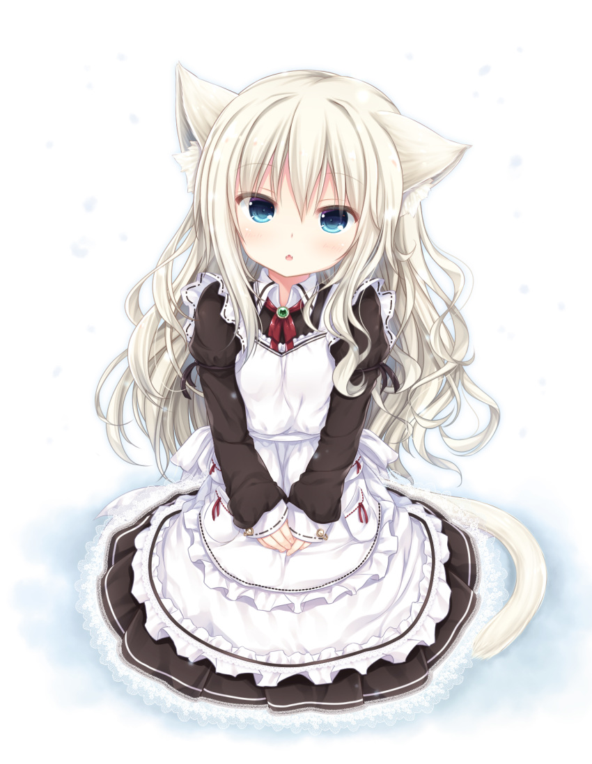 animal_ear_fluff animal_ears apron bangs blue_eyes blush bow brown_dress cat_ears cat_girl cat_tail collared_dress commentary_request dress eyebrows_visible_through_hair fangs fingernails frilled_apron frills full_body hair_between_eyes head_tilt highres juliet_sleeves lace lace-trimmed_dress light_brown_hair long_hair long_sleeves looking_at_viewer maid maid_apron original own_hands_together parted_lips pocket puffy_sleeves red_bow shizukawashi_sumi sidelocks sleeves_past_wrists solo tail very_long_hair white_apron white_background