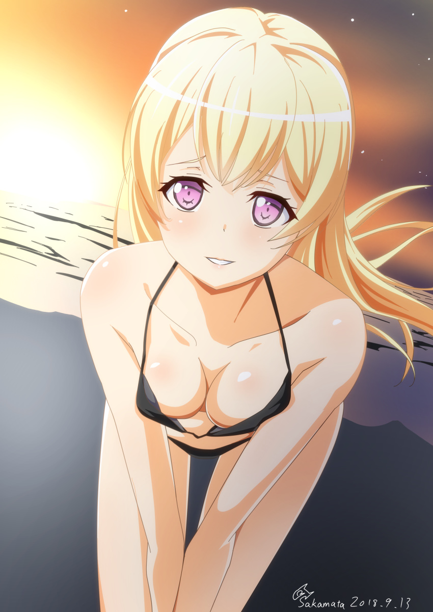 10s 1girl 2018 artist_name artist_request bad_anatomy bang_dream! bare_arms bare_legs bare_shoulders bikini black_bikini blonde_hair blush breasts cleavage dated downblouse hands_on_legs large_breasts leaning_forward light_smile long_hair looking_at_viewer parted_lips purple_eyes sakamata shirasagi_chisato solo swimsuit teeth