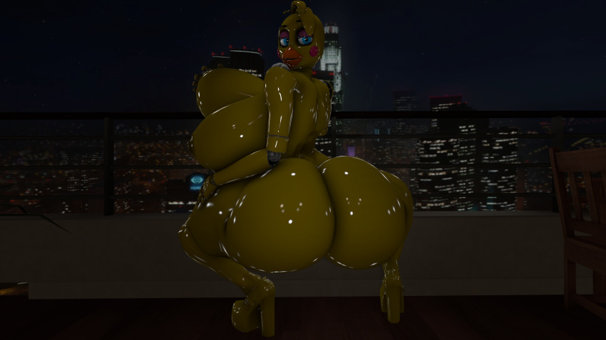 3d_(artwork) animatronic big_breasts big_butt breasts butt chica_(fnaf) clothing digital_media_(artwork) female five_nights_at_freddy's five_nights_at_freddy's_2 footwear grope hand_on_breast high_heels huge_breasts huge_butt hyper hyper_breasts looking_at_viewer machine night outside robot shoes solo thatblackcopfromdawnofthedead video_games