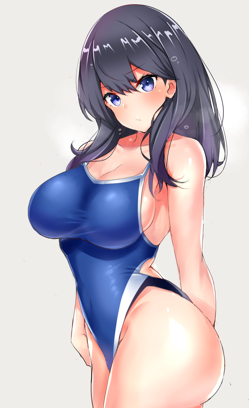 arm_behind_back bangs bare_shoulders black_hair blue_eyes blue_swimsuit blush breasts cleavage closed_mouth collarbone commentary_request competition_school_swimsuit covered_navel highleg highleg_swimsuit highres hips large_breasts long_hair looking_at_viewer one-piece_swimsuit sankakusui shiny shiny_hair simple_background solo ssss.gridman swept_bangs swimsuit takarada_rikka thighs