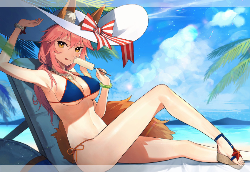 :p animal_ears beach bikini blue_bikini_top blue_sky bow bracelet breasts brown_eyes cleavage cloud day fate/extra fate_(series) food fox_ears fox_tail from_side hair_between_eyes hat hat_bow highres holding holding_food ice_cream jewelry large_breasts lens_flare long_hair looking_at_viewer necklace orange_ribbon outdoors palm_tree pink_hair ribbon shibainu side-tie_bikini sideboob sitting sky solo striped striped_bow sun_hat swimsuit tail tamamo_(fate)_(all) tamamo_no_mae_(fate) tongue tongue_out tree underboob white_hat