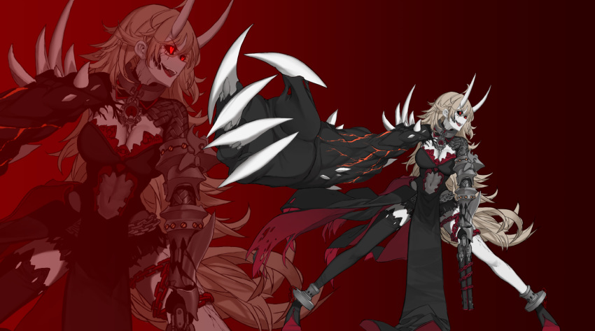 armored_gloves asymmetrical_arms asymmetrical_legwear black_sclera blonde_hair breasts chain cleavage collar commentary corruption dark_persona dishwasher1910 double_barrels grimm gun horns large_breasts large_hands metal_collar navel oversized_forearms oversized_limbs red_background red_eyes rwby shotgun solo thighhighs torn_skin weapon white_skin yang_xiao_long