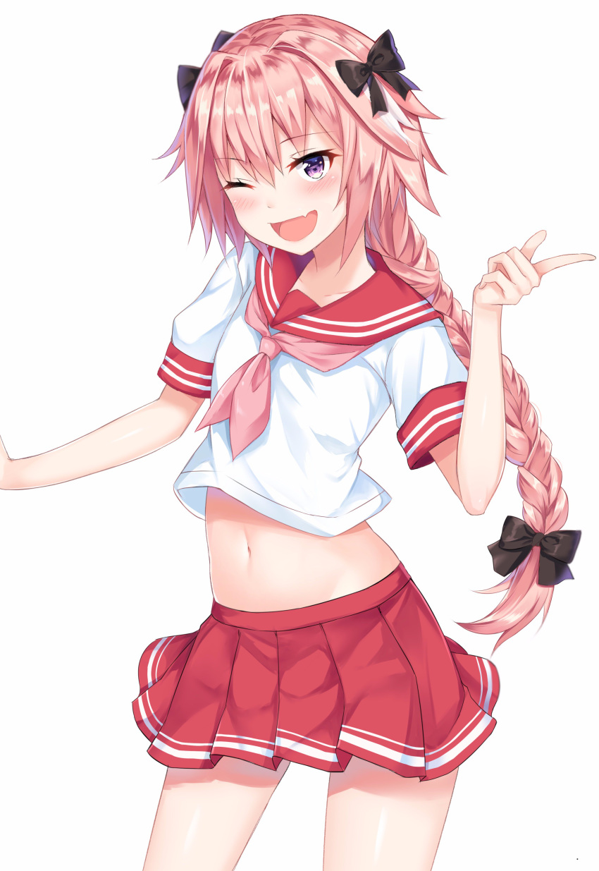 ;d absurdres astolfo_(fate) blush braid braided_ponytail coffeedog cowboy_shot fate/apocrypha fate_(series) highres index_finger_raised long_hair midriff navel one_eye_closed open_mouth otoko_no_ko pink_hair pink_neckwear pleated_skirt purple_eyes red_sailor_collar red_skirt sailor_collar shirt short_sleeves simple_background single_braid skirt smile solo standing stomach very_long_hair white_background white_shirt