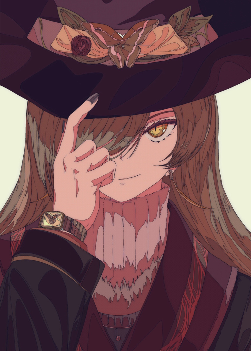 arm_up bangs black_jacket black_nails brown_background brown_eyes brown_hair brown_hat bug butterfly comitia commentary_request earrings fingernails flower fur_trim hair_over_one_eye hand_on_headwear hat highres insect jacket jewelry kogecha_(coge_ch) long_hair long_sleeves looking_at_viewer nail_polish original parted_lips red_flower red_rose rose simple_background smile solo turtleneck watch witch_hat wristwatch