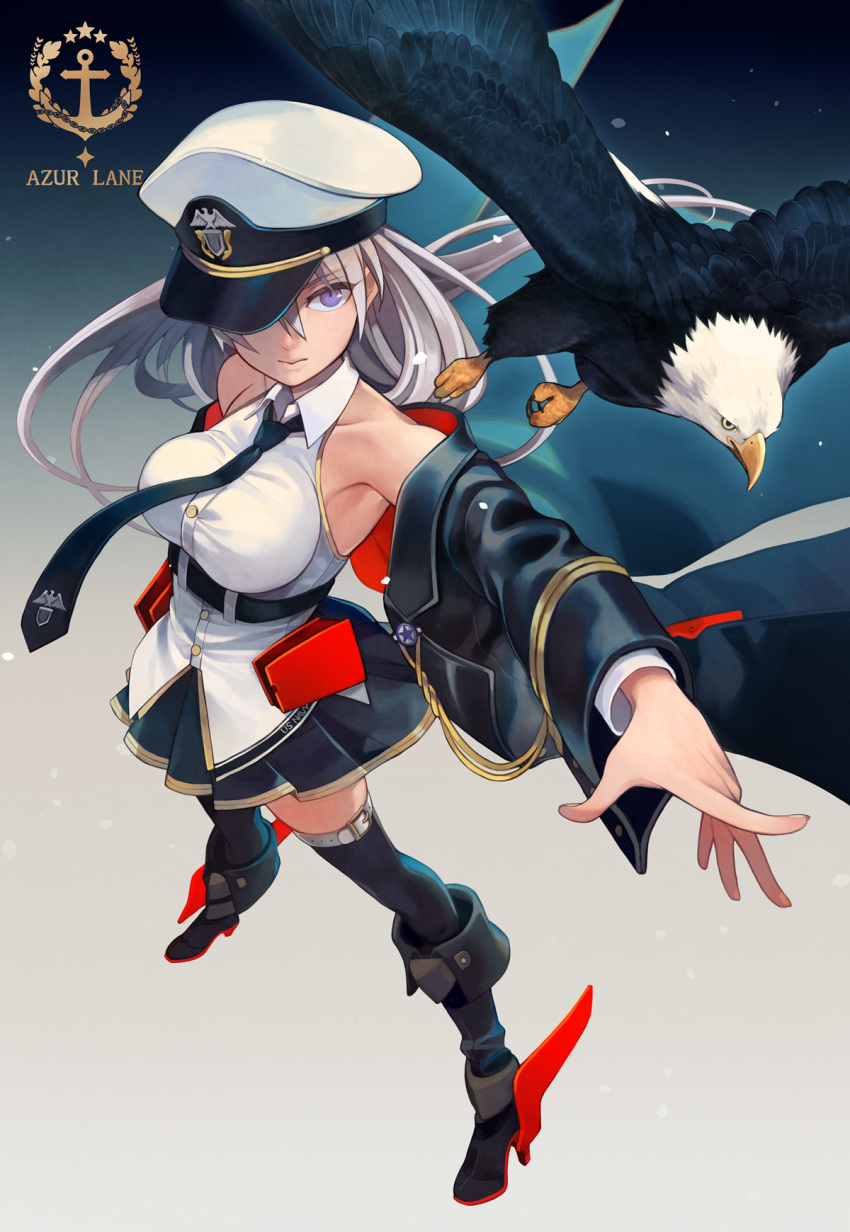 azur_lane bangs bare_shoulders bird black_footwear black_neckwear boots breasts buttons clothes_writing coat collarbone commentary_request cuff_links eagle enterprise_(azur_lane) expressionless eyebrows_visible_through_hair floating_hair hair_between_eyes hat highres knee_boots large_breasts long_hair looking_at_viewer miniskirt necktie off_shoulder open_clothes open_coat outstretched_arm peaked_cap purple_eyes rudder_shoes shirt sidelocks silver_hair skirt sleeveless sleeveless_shirt solo thighhighs very_long_hair yuko_(uc_yuk)