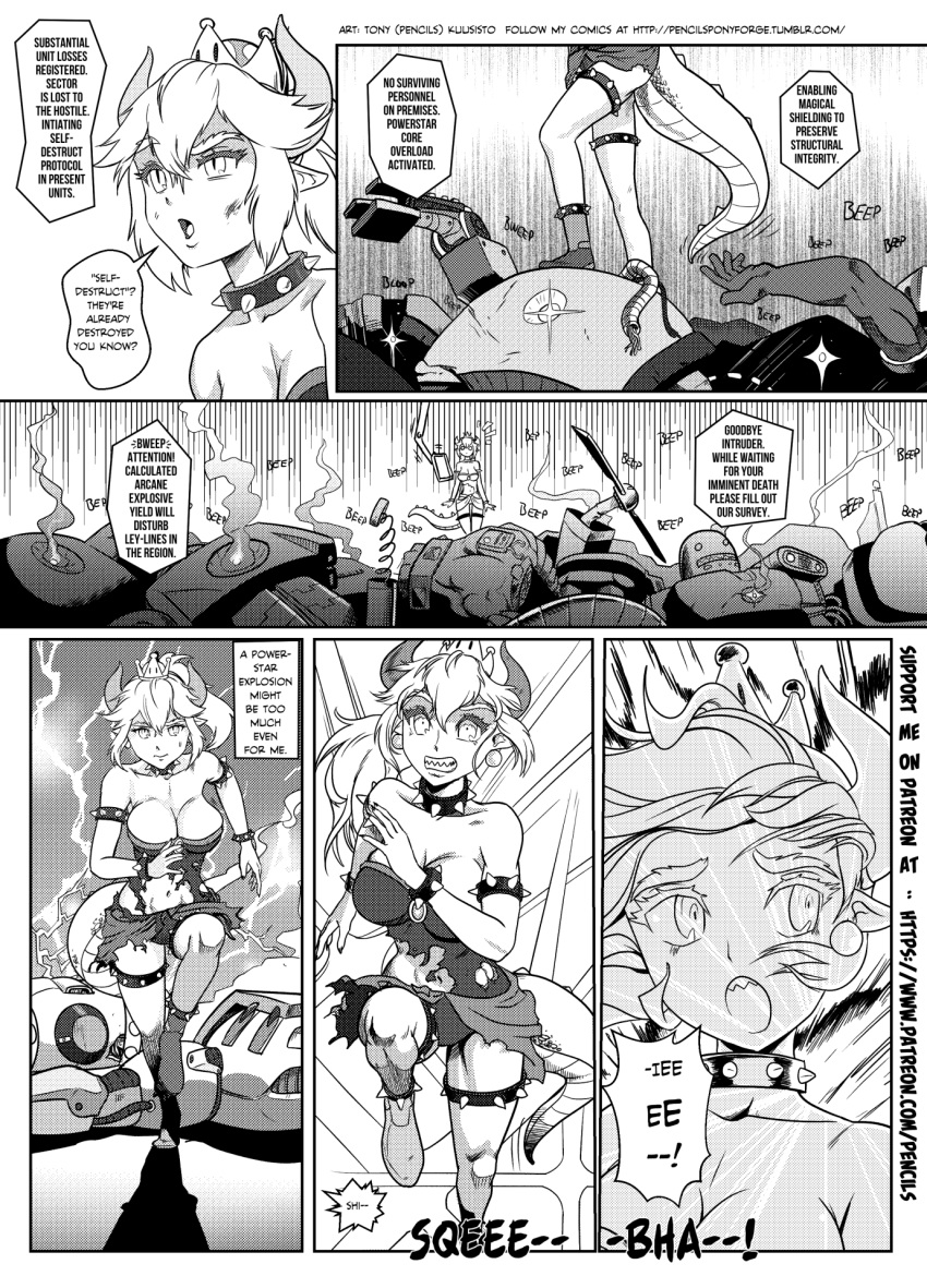 alternate_species big_breasts bowser bowsette_meme breasts cleavage clothed clothing collar comic crossgender dialogue female koopa machine mario_bros nintendo pencils_(artist) robot scalie spiked_collar spikes super_crown torn_clothing video_games