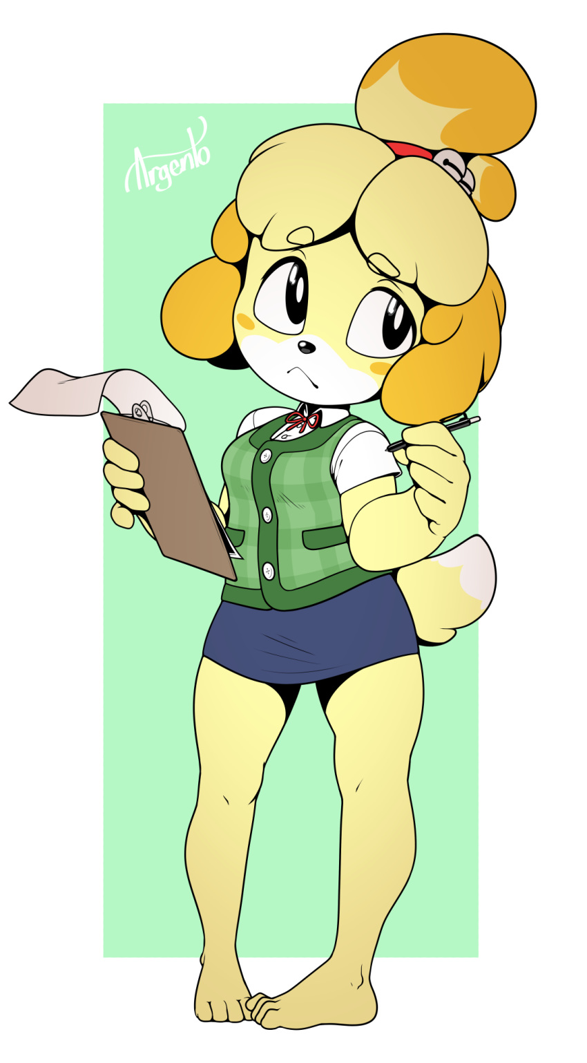 2018 :&lt; animal_crossing anthro argento barefoot canine clipboard clothed clothing digital_media_(artwork) dog feet female hi_res holding_object isabelle_(animal_crossing) mammal nintendo shih_tzu signature solo video_games