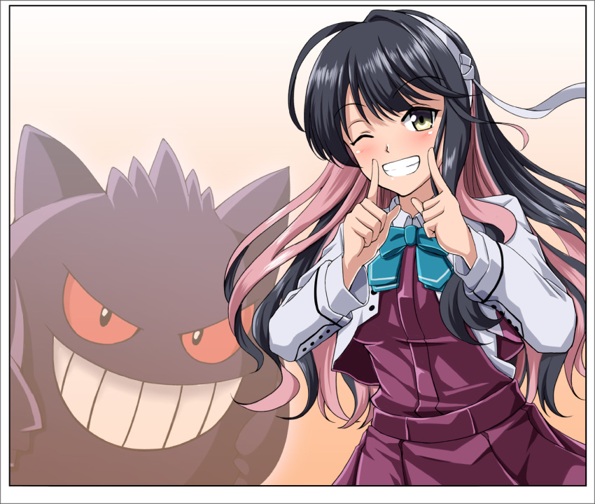 black_hair bow bowtie breasts commentary_request cropped_jacket dress fang gengar gradient gradient_background hair_ribbon hairband halterneck highres jacket kantai_collection large_breasts long_hair long_sleeves multicolored_hair naganami_(kantai_collection) one_eye_closed pink_hair pokemon pokemon_(creature) remodel_(kantai_collection) ribbon school_uniform shirt sleeveless sleeveless_dress smile two-tone_hair wavy_hair white_jacket white_shirt yellow_eyes zanntetu
