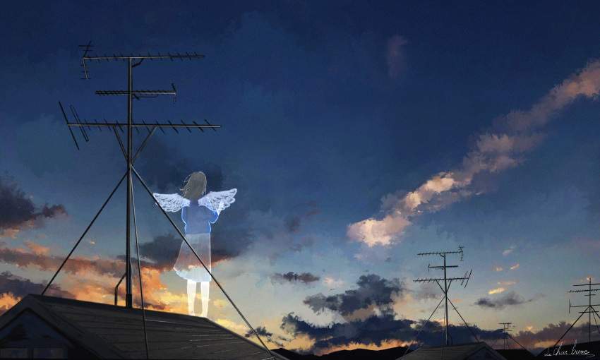 absurdres angel_wings blue_shirt cloud cloudy_sky facing_away floating_hair highres le_chat_botte original outdoors power_lines rooftop scenery shirt skirt sky solo standing standing_on_roof sunset transparent wide_shot wings