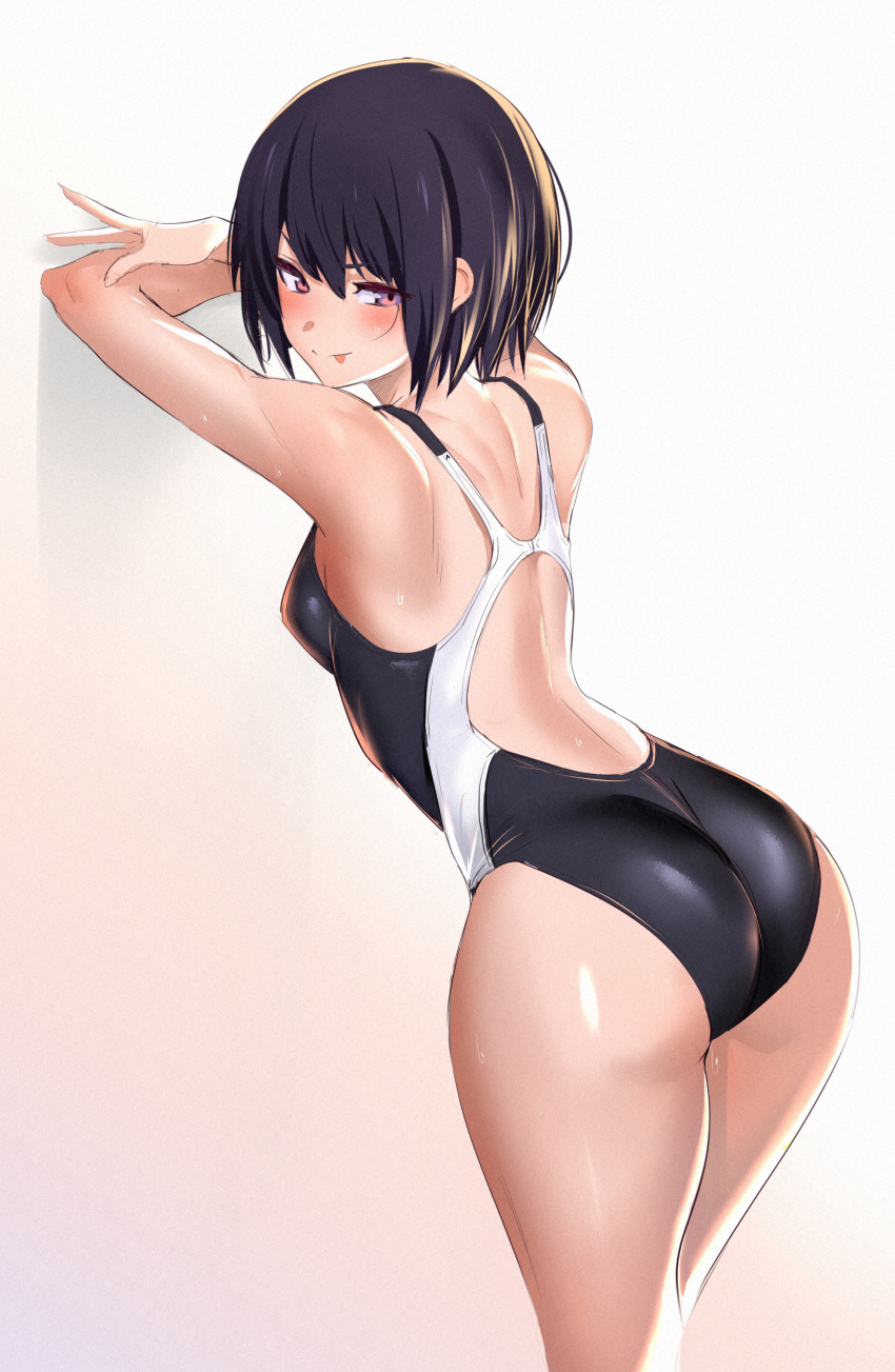 :p absurdres armpit_crease arms_up ass back bangs bare_shoulders black_hair black_swimsuit blush breasts closed_mouth competition_swimsuit cowboy_shot eyebrows_visible_through_hair fingernails from_behind gradient gradient_background hair_between_eyes half-closed_eyes highleg highleg_swimsuit highres hips legs_together licking_lips long_fingernails looking_at_viewer looking_back one-piece_swimsuit one_eye_closed original purple_eyes shiny shiny_skin short_hair shoulder_blades simple_background small_breasts smile solo standing swimsuit thighs tongue tongue_out ulrich_(tagaragakuin) wet white_background