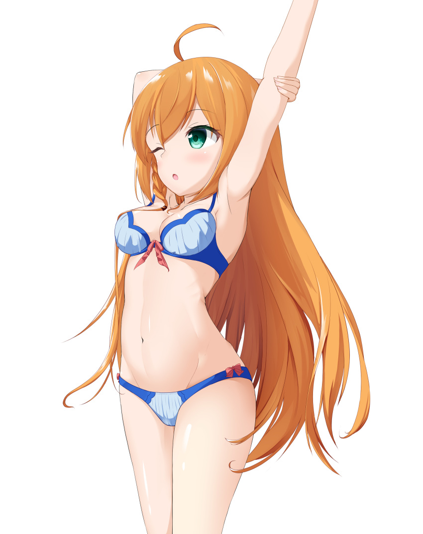 ;o absurdres ahoge armpits arms_up bangs bare_arms bare_shoulders blue_bra blue_panties bra braid breasts brown_hair cleavage commentary_request eyebrows_visible_through_hair green_eyes groin hair_between_eyes head_tilt highres long_hair looking_away medium_breasts navel one_eye_closed panties parted_lips pecorine princess_connect! princess_connect!_re:dive roido_(taniko-t-1218) side_braid single_braid solo standing stretch underwear underwear_only very_long_hair