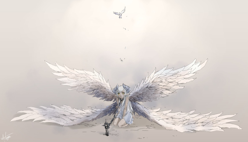angel arms_between_legs chain chained character_request commentary_request copyright_request dress feathered_wings feathers green_eyes grey_background highres holding_chain horns kneeling long_hair looking_at_viewer mitsugu multiple_wings pointy_ears signature solo spread_wings white_dress white_wings wings