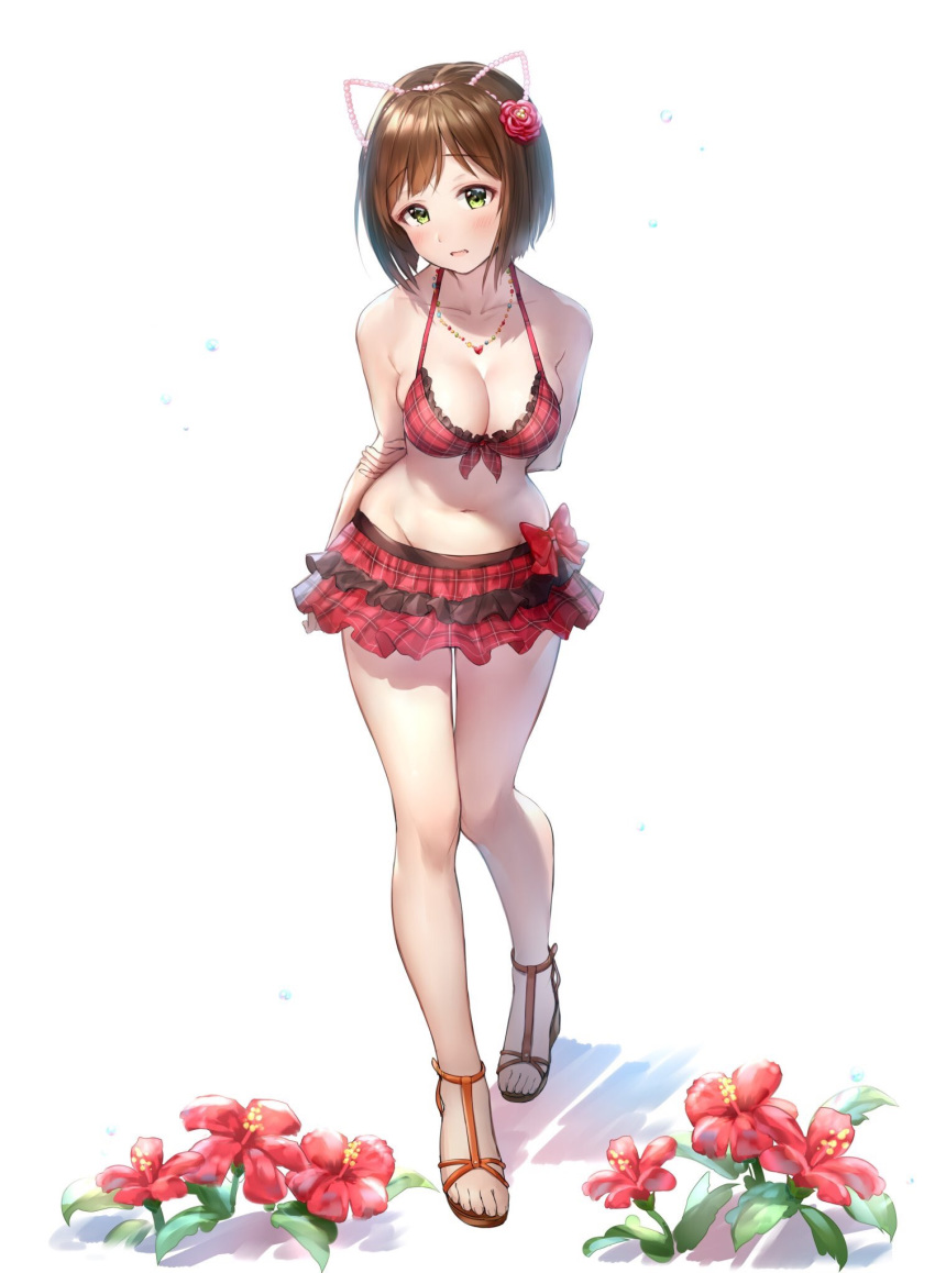 animal_ears arms_behind_back bangs bare_shoulders bikini blush bow breasts brown_hair cat_ears cleavage collarbone commentary_request flower full_body green_eyes hair_flower hair_ornament highres hips idolmaster idolmaster_cinderella_girls jewelry large_breasts legs looking_at_viewer maekawa_miku miniskirt navel necklace open_mouth plaid plaid_bikini red_bikini red_bow red_skirt sandals short_hair simple_background skirt solo swept_bangs swimsuit takeashiro thighs white_background