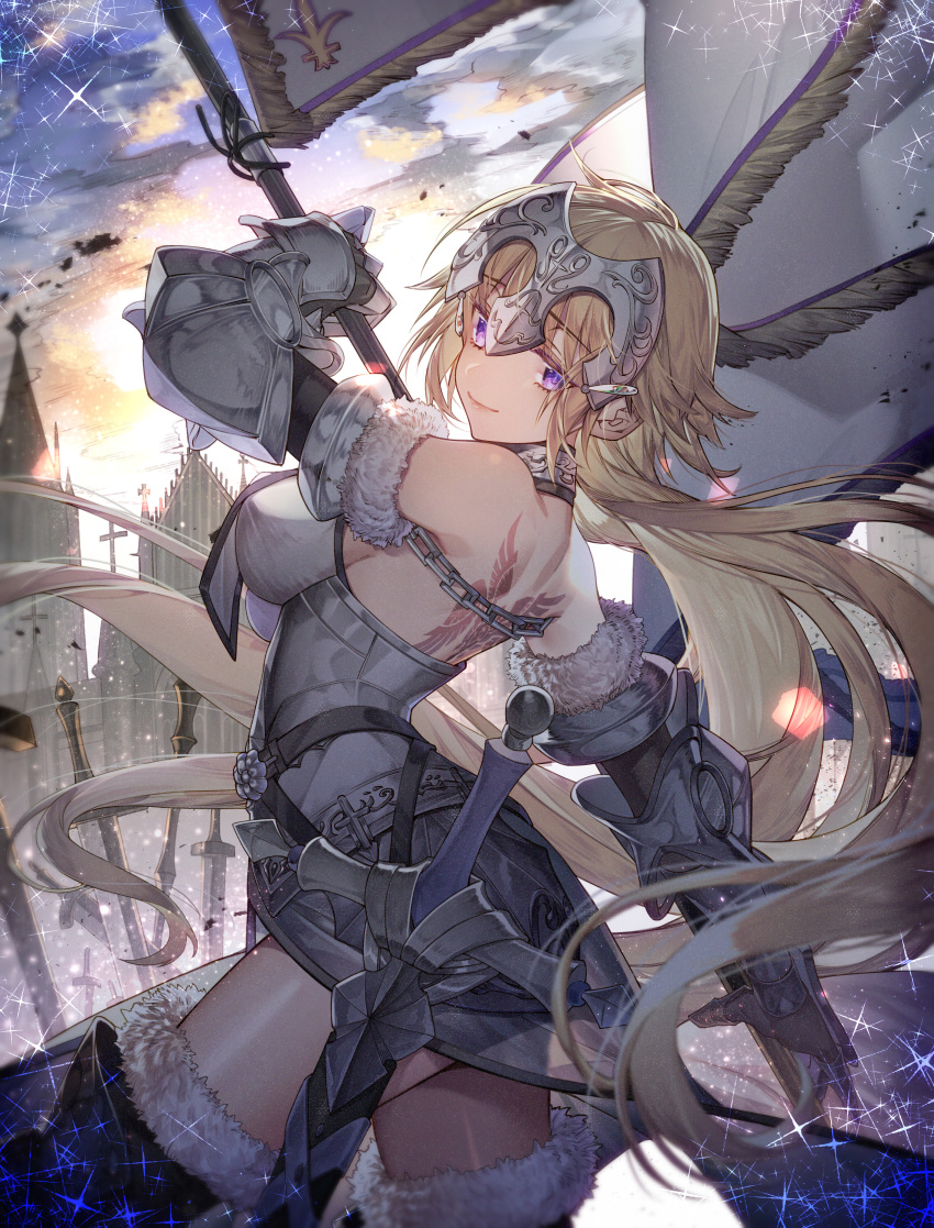 absurdres arched_back arm_at_side armor armored_dress bangs bare_shoulders blonde_hair blurry breasts building church cloud cloudy_sky colored_eyelashes commentary_request cowboy_shot depth_of_field evening eyebrows_visible_through_hair fate/apocrypha fate/grand_order fate_(series) faulds flag from_behind fur_trim gauntlets headpiece highres huge_filesize jeanne_d'arc_(fate) jeanne_d'arc_(fate)_(all) jitome krage_(32700181) large_breasts light_smile lips long_hair looking_at_viewer outdoors outstretched_arm pink_lips purple_eyes sheath sheathed sky smile solo standard_bearer standing sword tareme thighhighs thighs very_long_hair weapon