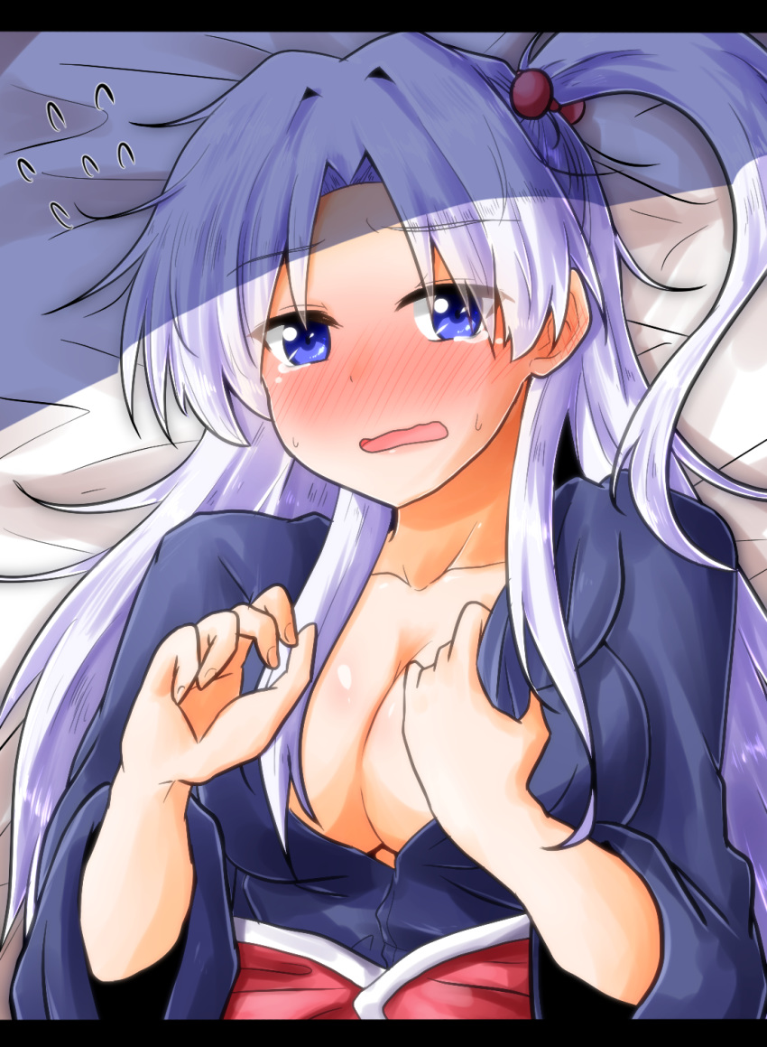 blue_eyes blush breasts cleavage collarbone flying_sweatdrops hair_bobbles hair_ornament highres long_hair looking_at_viewer lying on_back on_bed one_side_up open_mouth oshiaki shinki silver_hair solo sweatdrop tears touhou touhou_(pc-98) wavy_mouth