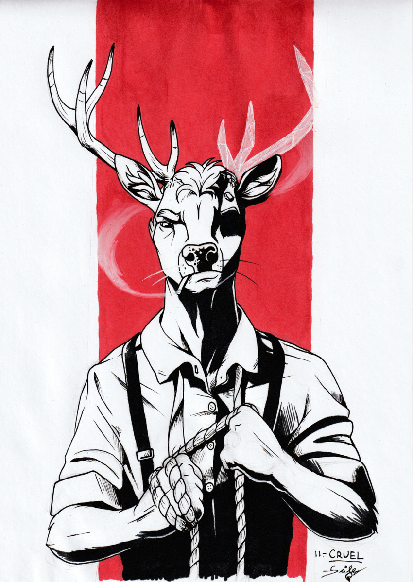anthro cervine clothing harton_crown holding_object horn inner_ear_fluff male mammal necktie portrait restricted_palette rope scifer shirt smoking solo suspenders unbuttoned_shirt whiskers