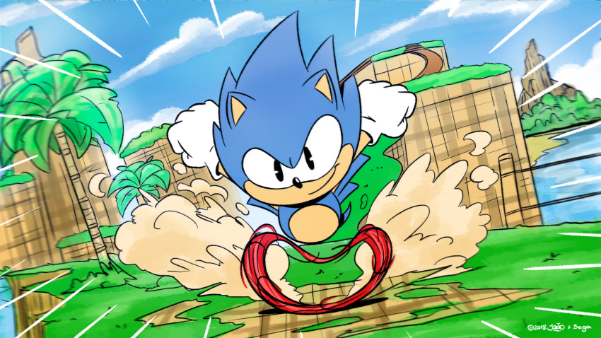 16:9 2018 5_fingers action_lines anthro black_nose blue_hair detailed_background digital_drawing_(artwork) digital_media_(artwork) hair hedgehog hi_res joaoppereiraus looking_at_viewer mammal mountain palm_tree running running_towards_viewer sky smile solo sonic_(series) sonic_the_hedgehog tree white_gloves