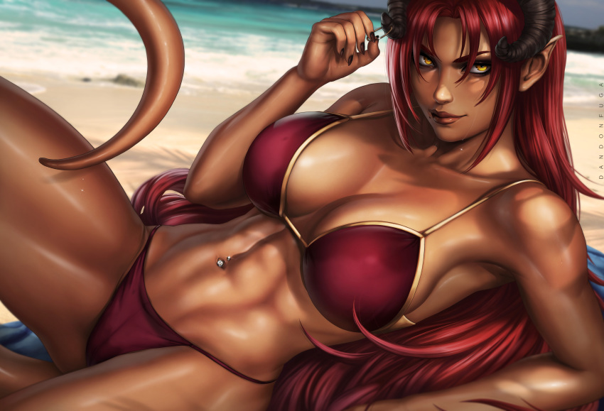 1girl armpits artist_name audelia bare_arms bare_legs bare_shoulders beach bikini bikini_bottom black_nails breasts breasts_apart cleavage closed_mouth dandon_fuga demon_girl demon_horns eyeshadow groin highres horn_piercing horns large_breasts legs lipstick long_hair looking_at_viewer lying makeup nail_polish navel navel_piercing ocean original outdoors piercing pointy_ears red_bikini red_hair red_lips sand smile solo succubus swimsuit tail thighs toned towel water yellow_eyes