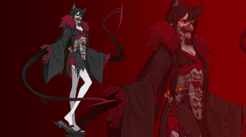 animal_ears black_sclera blake_belladonna braided_ponytail breasts cat_ears cleavage commentary corruption dark_persona dishwasher1910 face_mask fur-trimmed_sleeves fur_collar fur_trim grimm japanese_clothes kimono mask pale_skin red_background red_eyes red_sclera rwby sandals sharp_teeth solo teeth tentacles torn_clothes white_skin