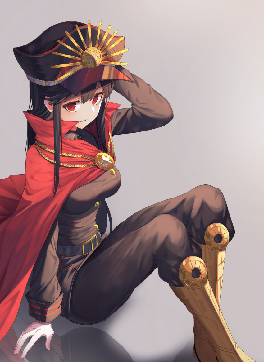 absurdres arm_up black_hair brown_jacket brown_pants cape eyebrows_visible_through_hair fate/grand_order fate_(series) gloves grey_background hair_between_eyes hat highres jacket long_hair looking_at_viewer military military_hat military_jacket military_uniform oda_nobunaga_(fate) pants red_cape red_eyes simple_background sitting solo sugar_(dndi888) uniform white_gloves