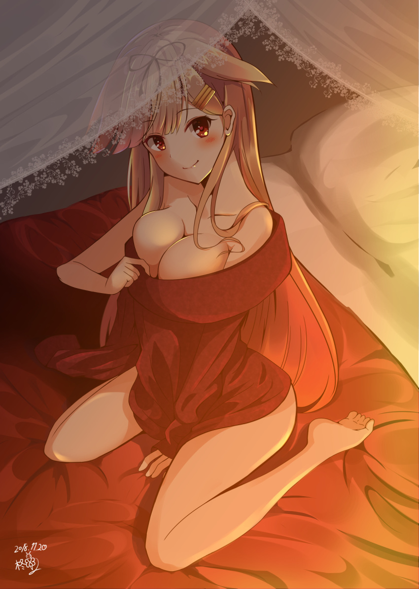 alternate_costume amagami_(makise_tsubaki) barefoot bedroom black_ribbon blonde_hair blush breasts cleavage closed_mouth collarbone dated eyebrows_visible_through_hair gradient_hair hair_flaps hair_ornament hair_ribbon hairclip heart heart-shaped_pupils highres kantai_collection long_hair looking_at_viewer md5_mismatch medium_breasts messy_hair multicolored_hair on_bed red_eyes remodel_(kantai_collection) ribbon sitting sitting_on_bed smile solo sweater symbol-shaped_pupils wariza yuudachi_(kantai_collection)
