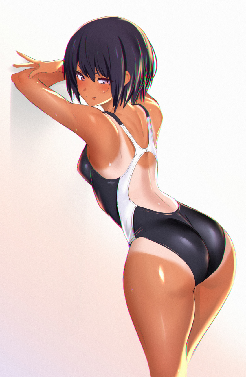 :p absurdres armpit_crease arms_up ass back bangs bare_shoulders black_hair black_swimsuit blush breasts closed_mouth commentary_request competition_swimsuit cowboy_shot eyebrows_visible_through_hair fingernails from_behind gradient gradient_background hair_between_eyes half-closed_eyes highleg highleg_swimsuit highres hips legs_together licking_lips long_fingernails looking_at_viewer looking_back one-piece_swimsuit one-piece_tan one_eye_closed original purple_eyes shiny shiny_skin short_hair shoulder_blades simple_background small_breasts smile solo standing swimsuit tan tanline thighs tongue tongue_out ulrich_(tagaragakuin) wet white_background