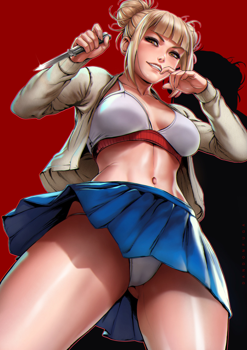 1girl artist_name bangs bare_legs blonde_hair blue_skirt boku_no_hero_academia bra breasts breasts_apart cameltoe cleavage clenched_teeth cowboy_shot dandon_fuga double_bun fangs finger_to_mouth from_below groin highres holding holding_knife jacket knife legs legs_apart long_sleeves looking_at_viewer medium_breasts messy_hair midriff navel open_clothes open_jacket orange_eyes panties pants pantyshot pantyshot_(standing) red_background simple_background skirt smile solo standing teeth thighs toga_himiko underwear upskirt white_pants