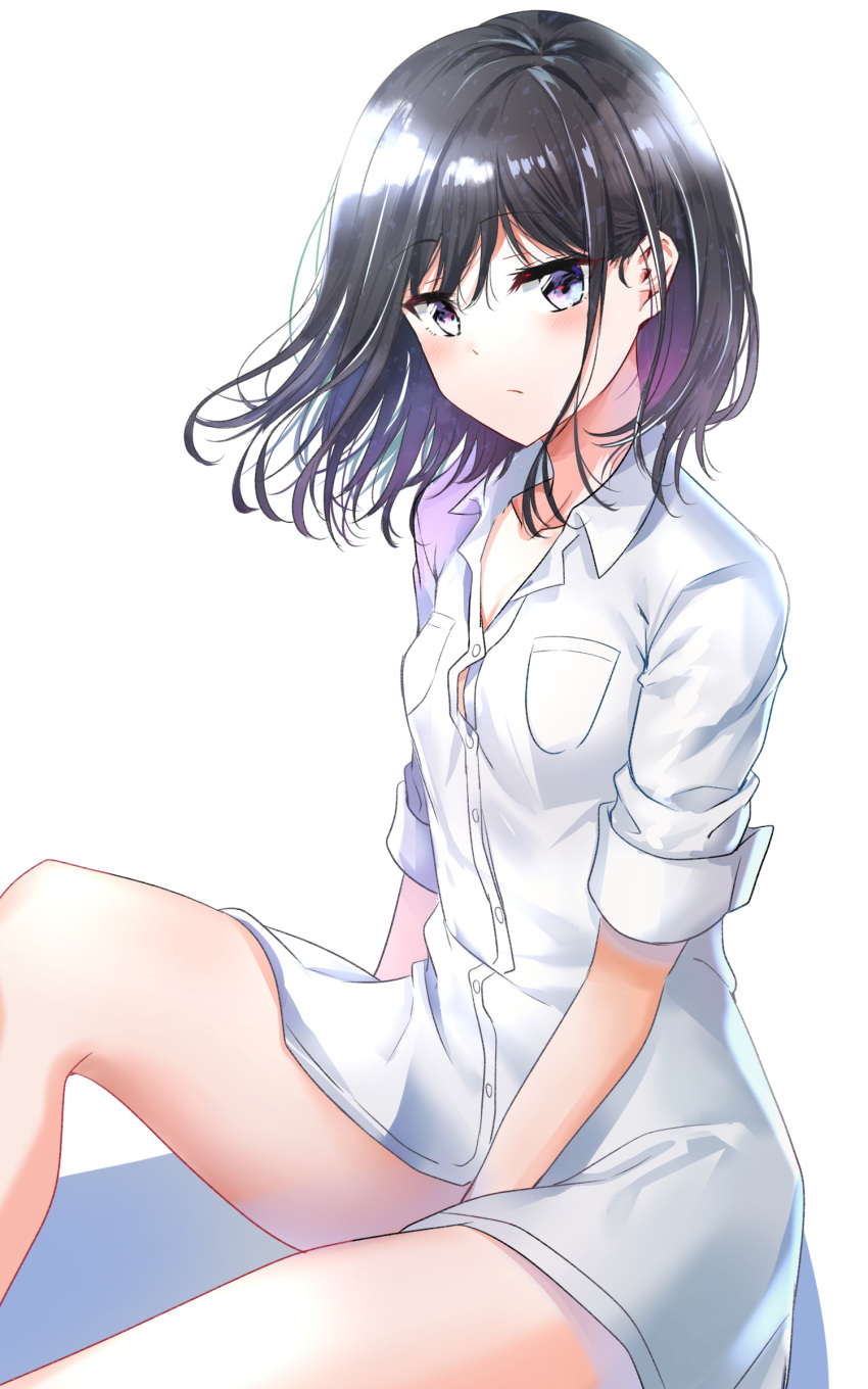 absurdres adagaki_aki bangs between_legs black_hair blue_eyes blush breasts button_gap cleavage closed_mouth collarbone collared_shirt commentary expressionless eyebrows_visible_through_hair highres knee_up long_sleeves looking_at_viewer masamune-kun_no_revenge no_pants shiny shiny_hair shirt short_hair simple_background sitting sleeves_folded_up small_breasts solo sunhyun thighs white_background white_shirt
