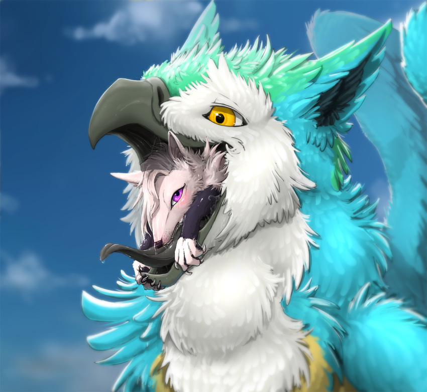 ambiguous_gender avian blue_fur blush body_in_mouth canine cloud coulias duo feral fox fur gaping_mouth green_fur gryphon mammal neck_bulge oral_vore purple_eyes saliva soft_vore themirth tongue tongue_out vore white_fur yellow_eyes