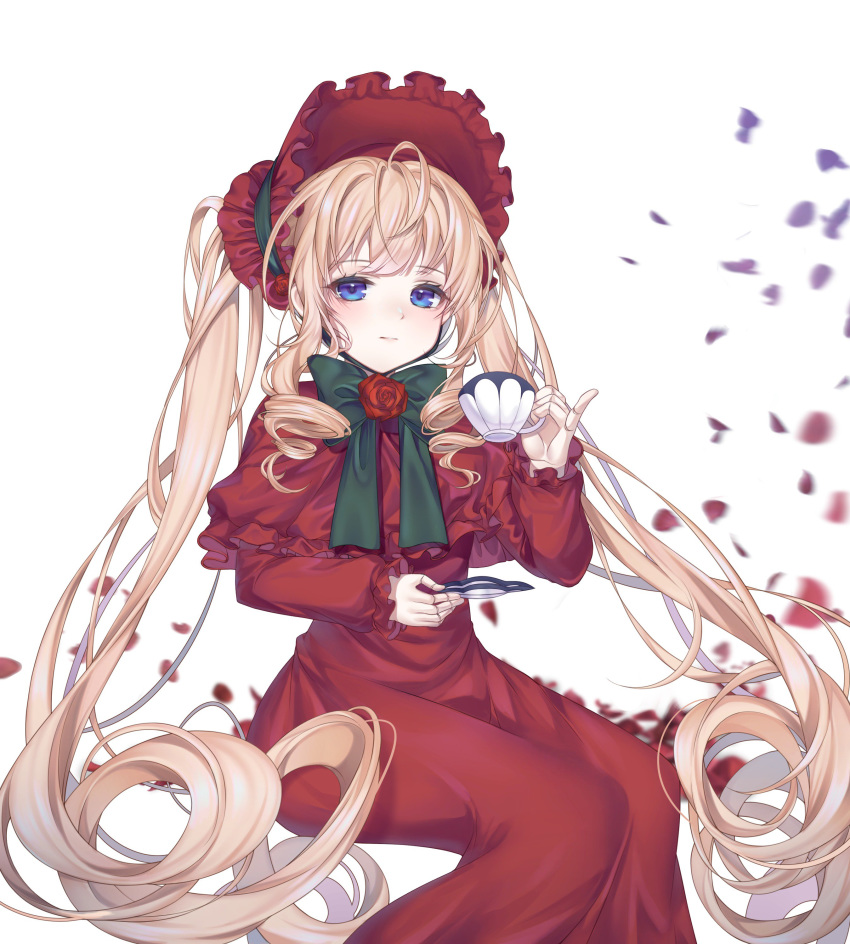 absurdres ahoge bad_id bad_twitter_id blonde_hair blue_eyes cup dress feet_out_of_frame floating_hair highres holding holding_cup invisible_chair lolita_fashion long_dress long_hair long_sleeves looking_at_viewer red_dress reel37891 rozen_maiden saucer shinku simple_background sitting solo teacup very_long_hair white_background