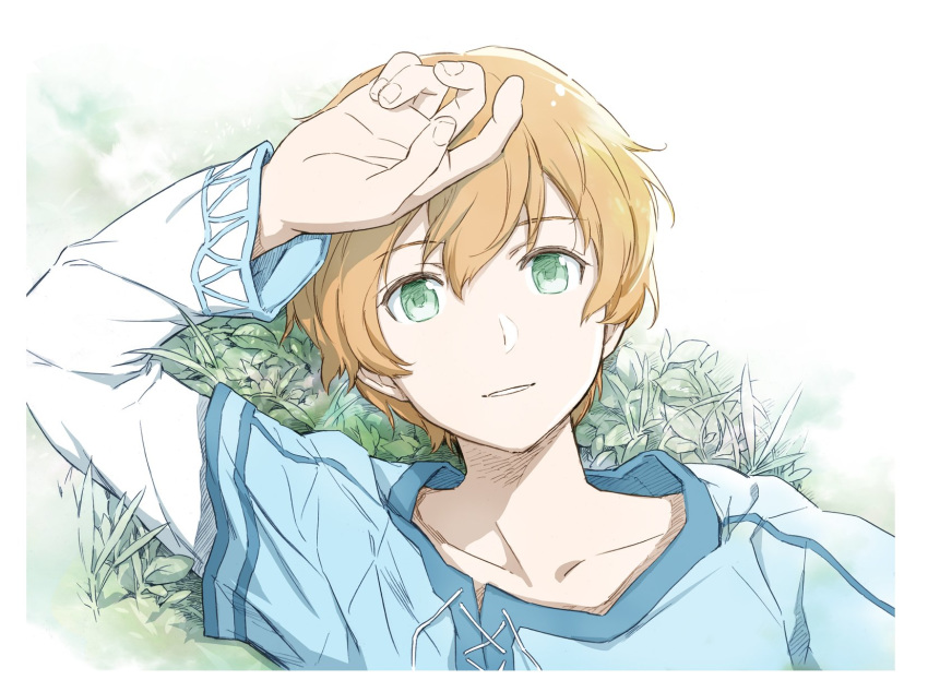 blonde_hair blue_shirt collarbone eugeo from_above green_eyes highres long_sleeves looking_at_viewer lying male_focus on_back parted_lips shirt short_over_long_sleeves short_sleeves solo sword_art_online white_background white_sleeves yamada_koutarou