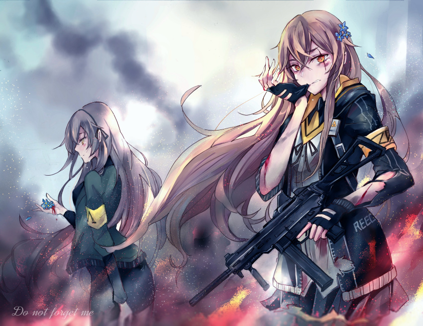 armband assault_rifle bangs biting black_gloves black_jacket black_legwear black_skirt blood blood_on_face brown_eyes brown_hair closed_mouth cocoka commentary crying crying_with_eyes_open eyebrows_visible_through_hair fingerless_gloves fire flame floating floating_hair flower girls_frontline glove_biting glove_pull gloves grey_hair gun h&amp;k_ump h&amp;k_ump45 hair_between_eyes hair_flower hair_ornament heckler_&amp;_koch highres holding holding_flower holding_gun holding_weapon hood hooded_jacket jacket long_hair long_sleeves looking_at_viewer looking_to_the_side multiple_girls open_clothes open_jacket pantyhose petals ribbon rifle scar scar_across_eye shirt simple_background skirt standing submachine_gun tears torn_clothes ump40_(girls_frontline) ump45_(girls_frontline) weapon white_shirt yellow_eyes