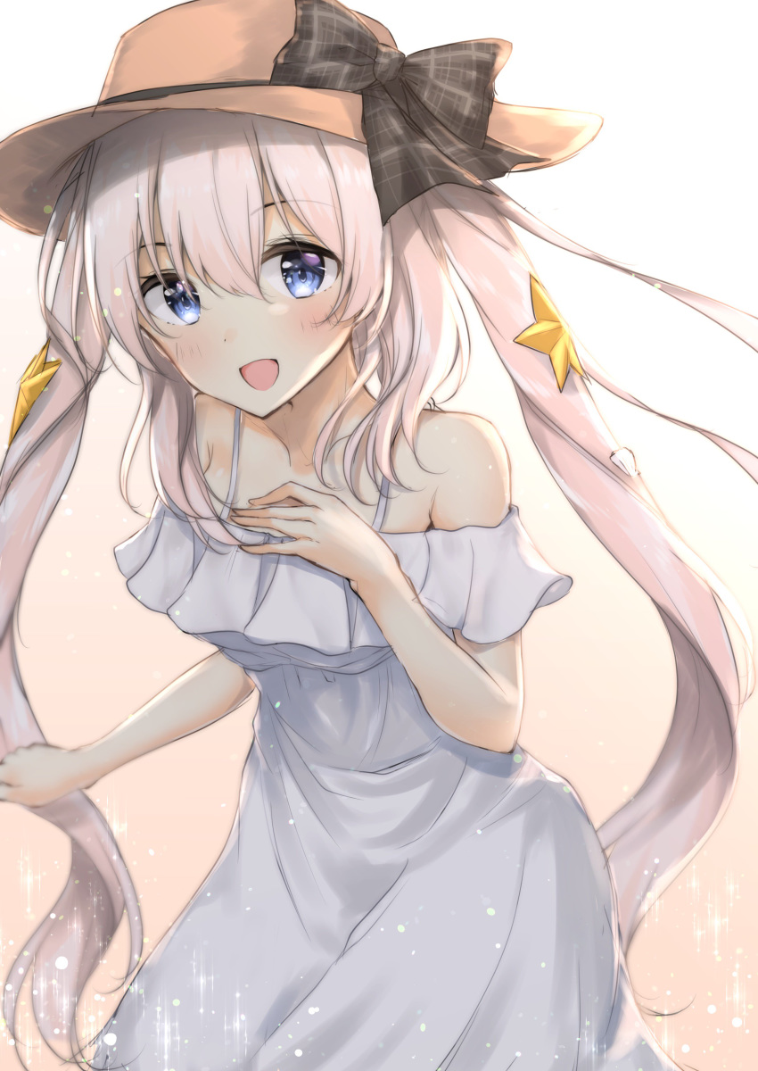 :d absurdres black_bow blue_eyes bow brown_hat collarbone dress fate/grand_order fate_(series) floating_hair hair_between_eyes hair_bow hand_on_own_chest hat highres long_hair looking_at_viewer marie_antoinette_(fate/grand_order) open_mouth silver_hair sleeveless sleeveless_dress smile solo sun_hat sundress uzuki_tsukuyo very_long_hair white_background white_dress