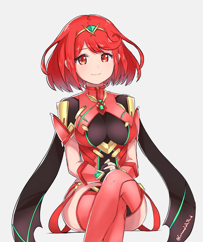 bangs breasts covered_navel earrings fingerless_gloves gloves grimmelsdathird headpiece highres homura_(xenoblade_2) jewelry large_breasts looking_at_viewer red_eyes red_hair red_shorts short_hair shorts shoulder_armor simple_background smile solo swept_bangs tiara xenoblade_(series) xenoblade_2
