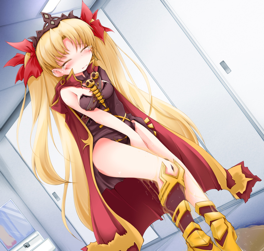 1girl anbee_(arary) armored_boots bangs between_legs black_leotard blonde_hair blush boots bow breasts cape crown detached_collar door dutch_angle earrings embarrassed ereshkigal_(fate/grand_order) eyebrows_visible_through_hair eyes_closed fate/grand_order fate_(series) female hair_bow hand_between_legs hands_together have_to_pee highres indoors jewelry leotard long_hair medium_breasts peeing peeing_self pigeon-toed puddle red_bow red_cape single_sleeve skull solo standing strapless strapless_leotard tears tied_hair twintails v_arms very_long_hair wet wet_clothes yellow_footwear