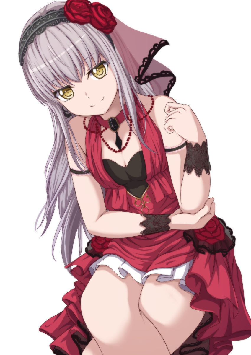armband bang_dream! bangs breasts brooch choker cleavage commentary_request crossed_legs dress earrings flower grey_hair hair_flower hair_ornament hairband hand_on_own_elbow hand_up highres jewelry lace long_hair looking_at_viewer minato_yukina narafume necklace red_choker red_dress red_flower red_rose rose simple_background sitting small_breasts smile solo veil white_background wrist_cuffs yellow_eyes