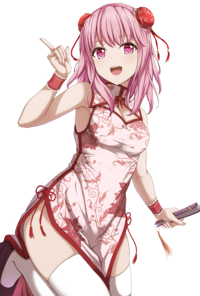 :d armpits bang_dream! bangs bare_arms bare_shoulders black_footwear breasts bun_cover china_dress chinese_clothes cleavage closed_fan commentary_request cowboy_shot double_bun dress eyebrows_visible_through_hair fan folding_fan frilled_cuffs hair_ornament hand_up highres holding holding_fan index_finger_raised leg_up long_hair looking_at_viewer maruyama_aya medium_breasts narafume open_mouth pelvic_curtain pink_eyes pink_hair side_slit simple_background sleeveless sleeveless_dress smile solo standing standing_on_one_leg taut_clothes thighhighs thighs upper_teeth white_background white_dress white_legwear wrist_cuffs