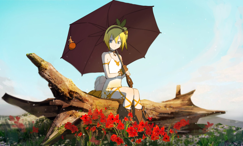 bangs bare_shoulders black_choker black_hairband blonde_hair blue_eyes blue_sky boots brown_footwear brown_gloves choker closed_mouth day dress edna_(tales) flower gloves green_ribbon hair_between_eyes hair_ribbon hairband highres holding holding_umbrella log normin_(tales) outdoors over_shoulder red_flower ribbon short_dress short_hair side_ponytail single_glove sitting sky solo tales_of_(series) tales_of_zestiria umbrella white_dress white_flower yarr